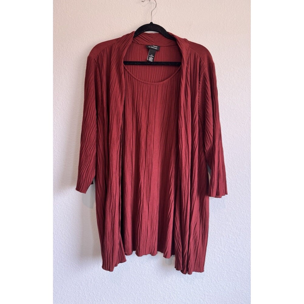 Any Wear by Catherines Red Blouse Attached Cardigan Textured Crinkle 2X